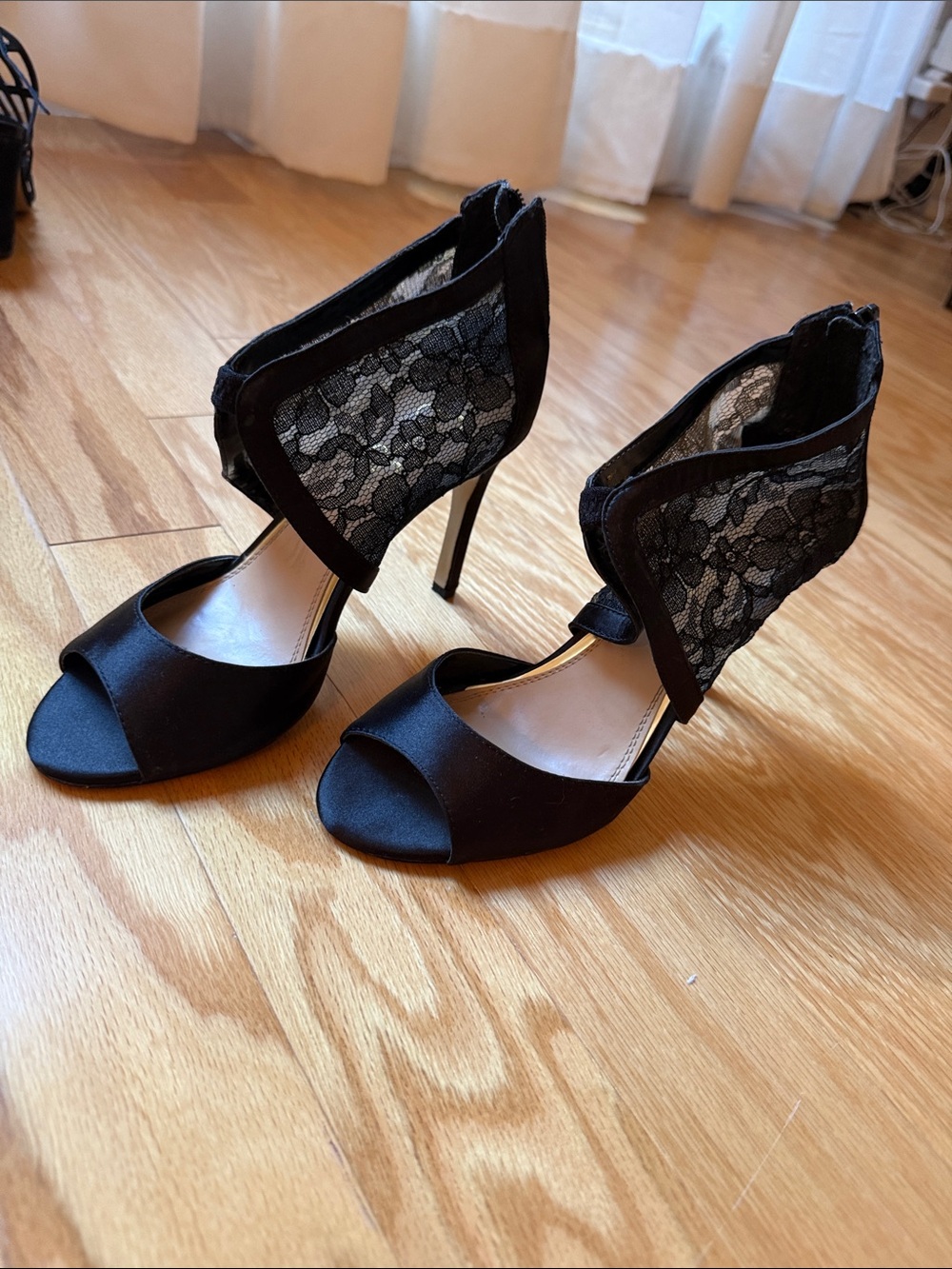 Jessica Simpson Lace-Panel Black Peep-Toe Stiletto Heels with Back Zipper